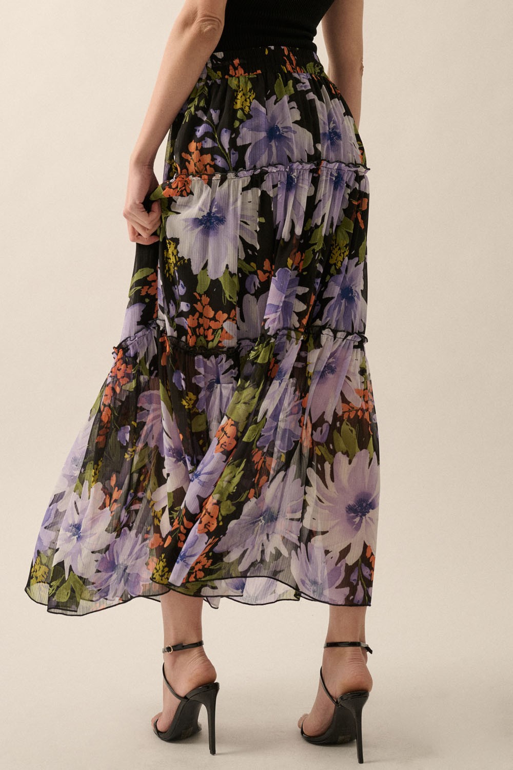 Tiered Ruffle Floral Woven Maxi Skirt