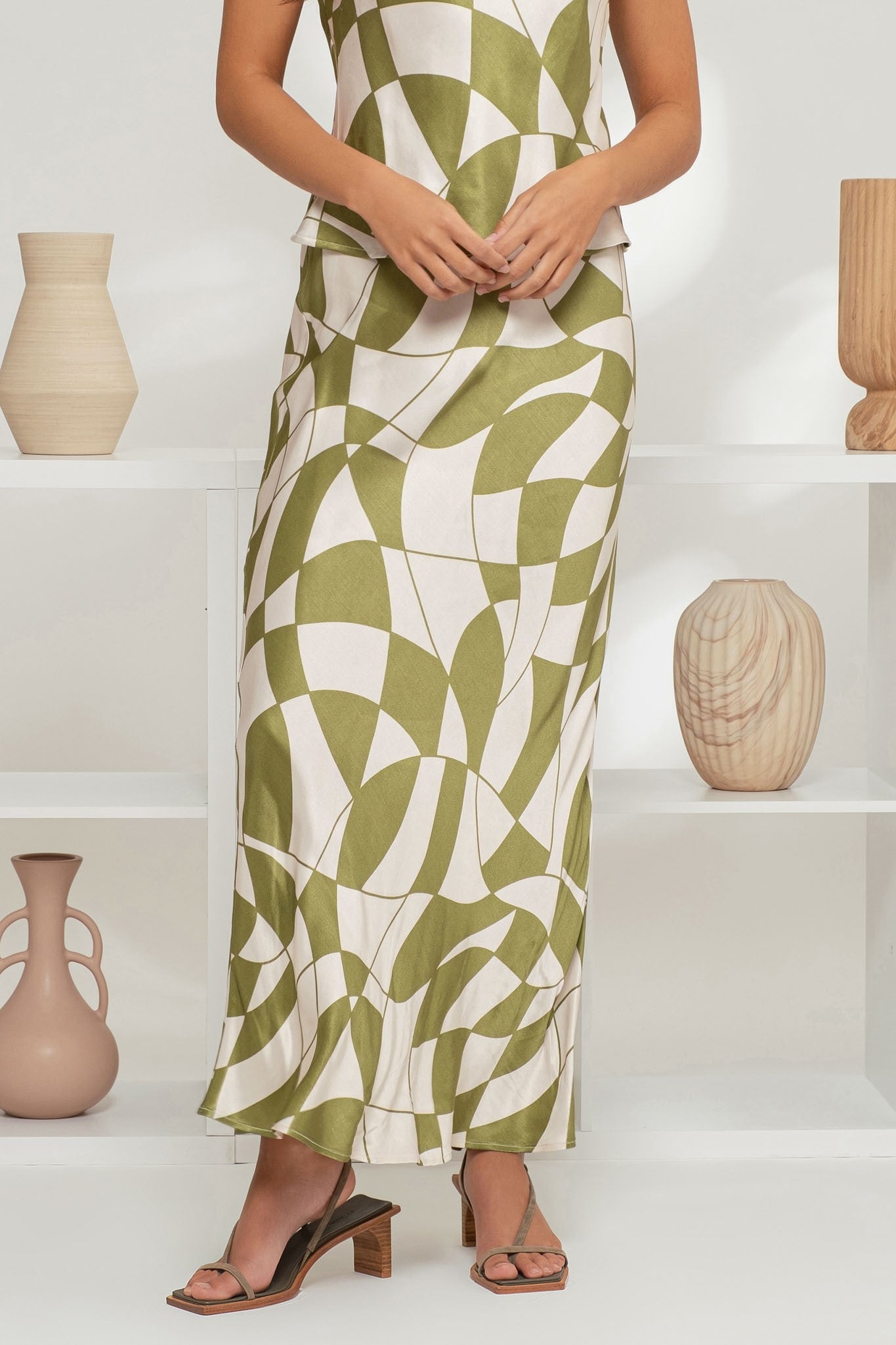 Geo Checkered Print Satin Skirt