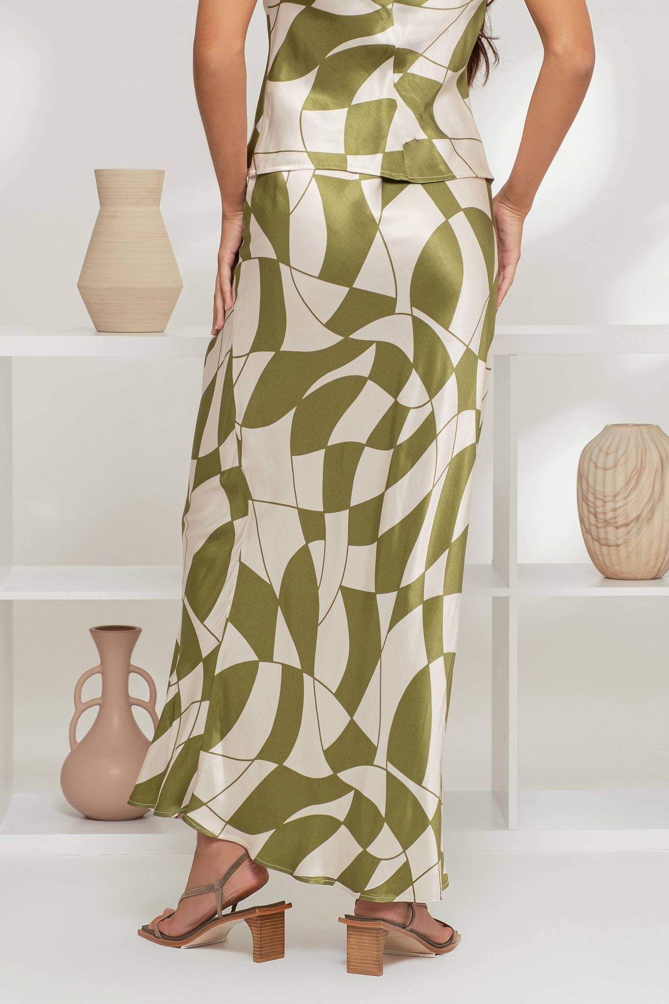 Geo Checkered Print Satin Skirt