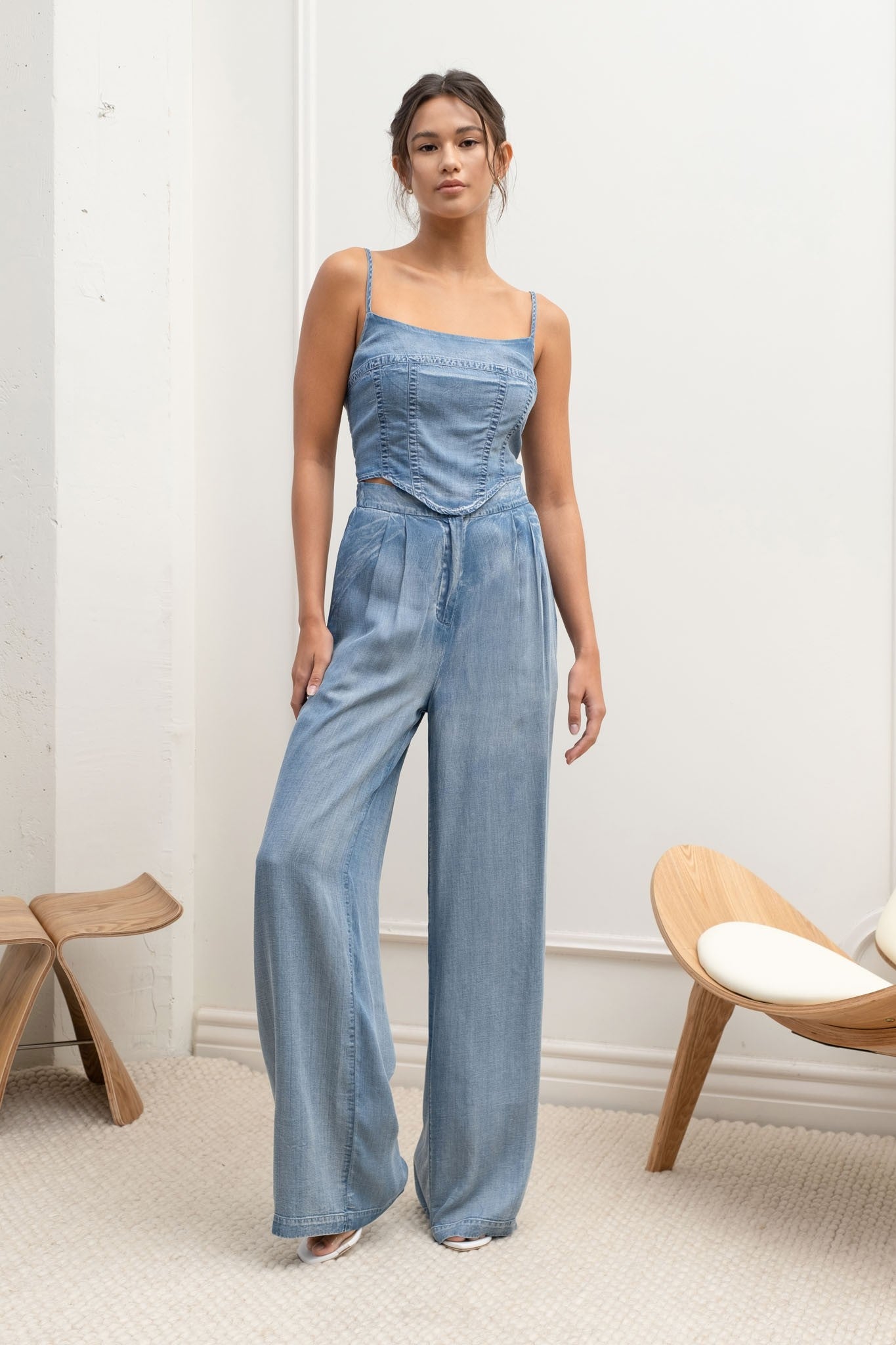 Washed Pleated High Waist Chambray Pants