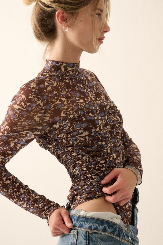 Floral Ruched Semi-Sheer Mesh Knit Bodysuit Final Sale