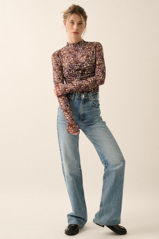 Floral Ruched Semi-Sheer Mesh Knit Bodysuit Final Sale