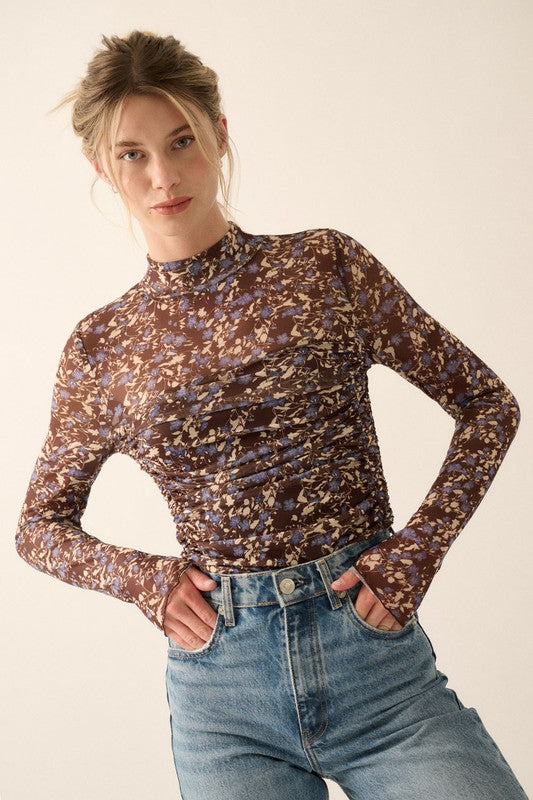 Floral Ruched Semi-Sheer Mesh Knit Bodysuit Final Sale
