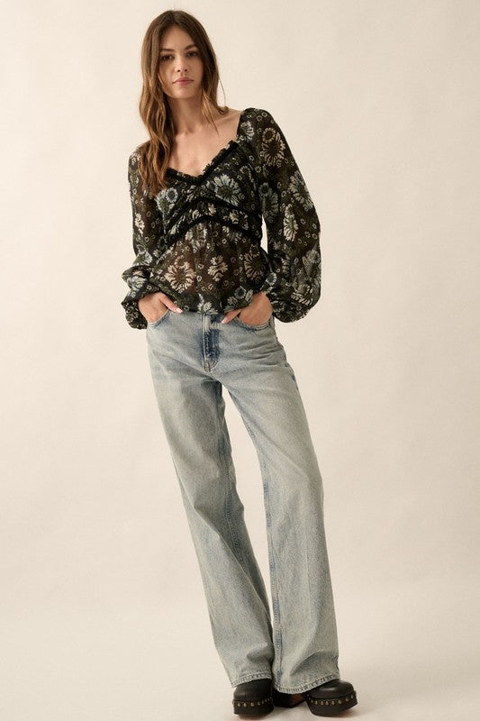 Floral V-Neck Sheer Gather-Bodice Blouse