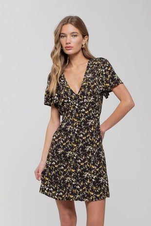 Floral V Neck Button Down Back Tie Mini Dress