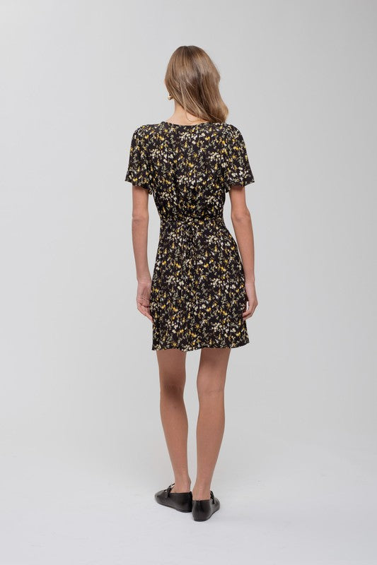 Floral V Neck Button Down Back Tie Mini Dress