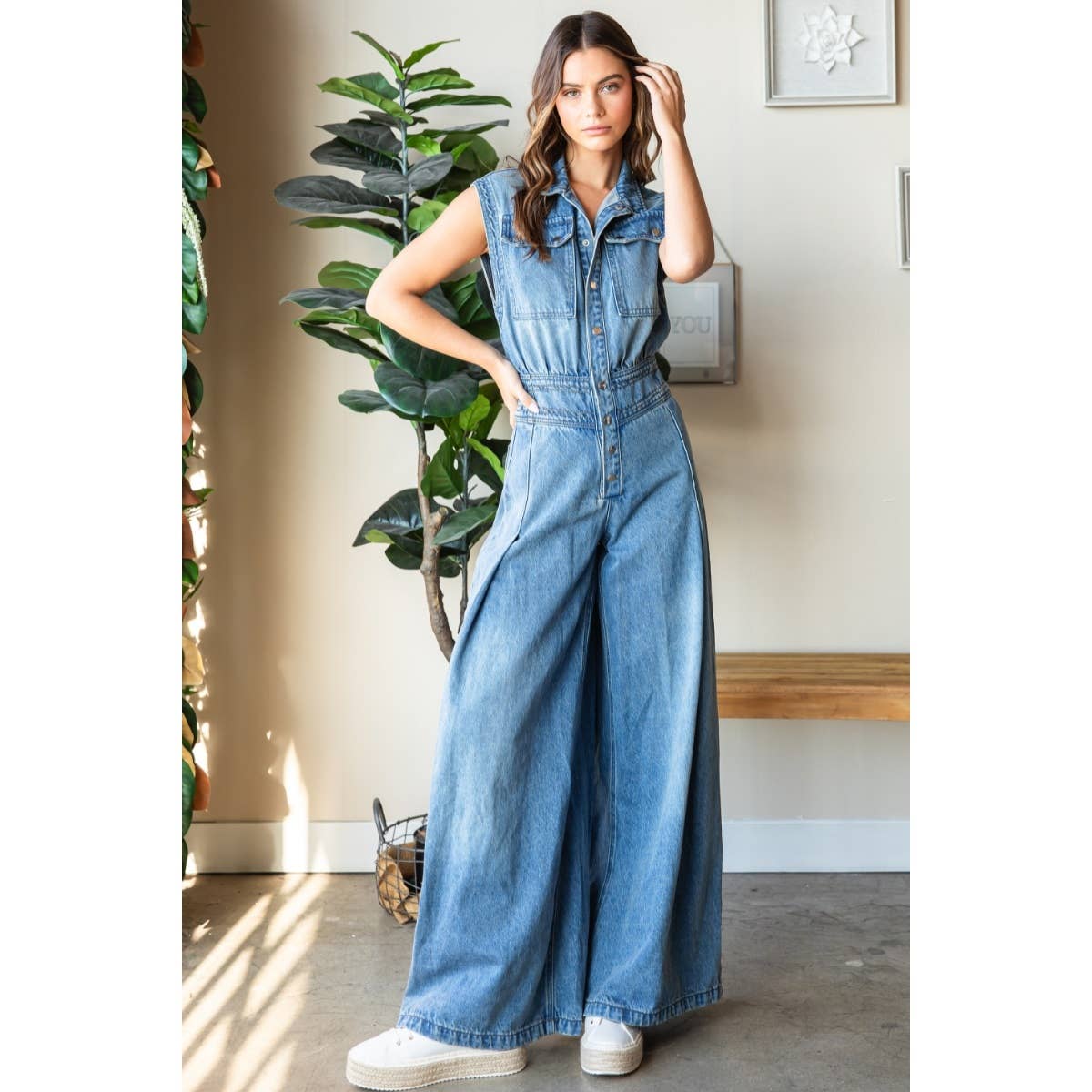 Denim Button Down Sleeveless Jumpsuit: Medium Wash / S