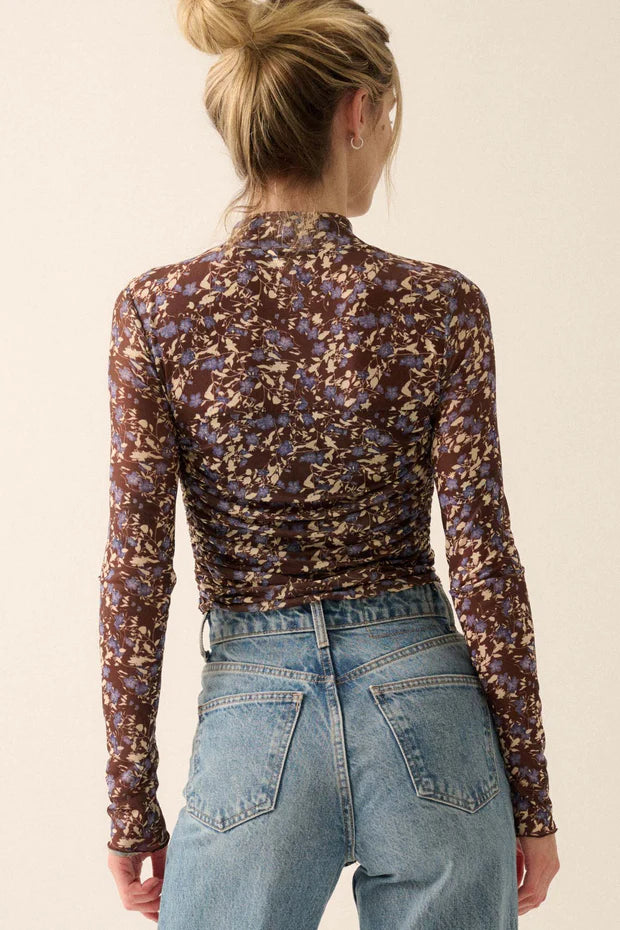 Floral Semi-Sheer Mesh Long Sleeve Knit Top
