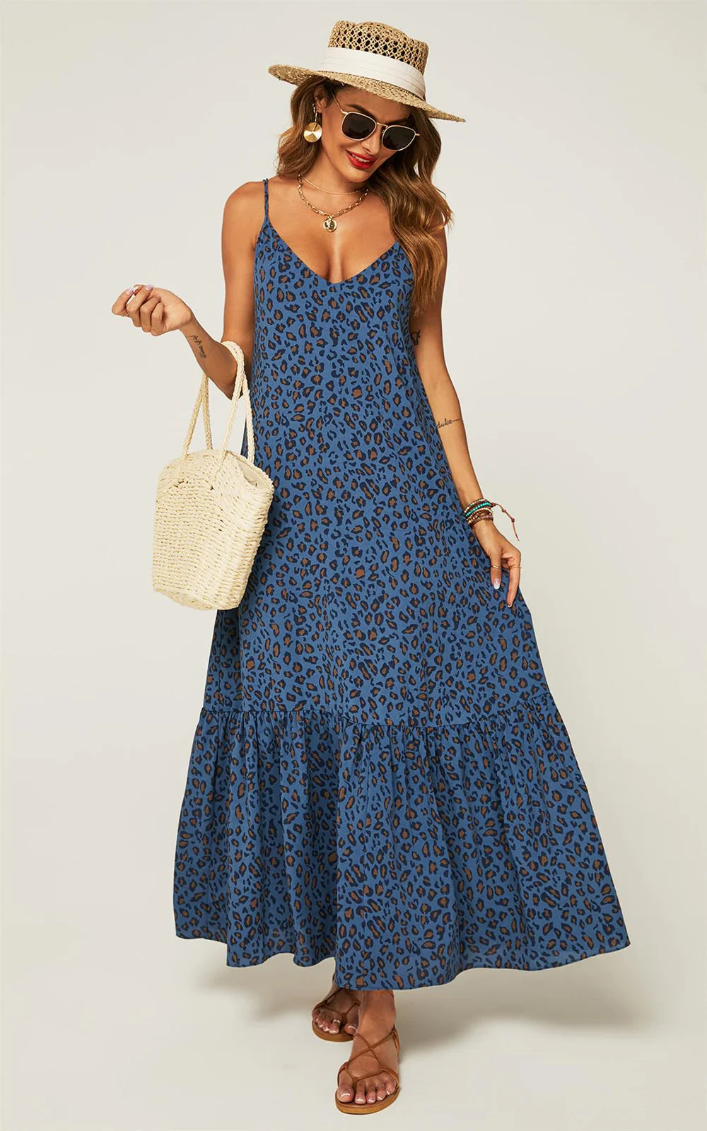Hem Detail Slip Dress In Navy Leopard Print