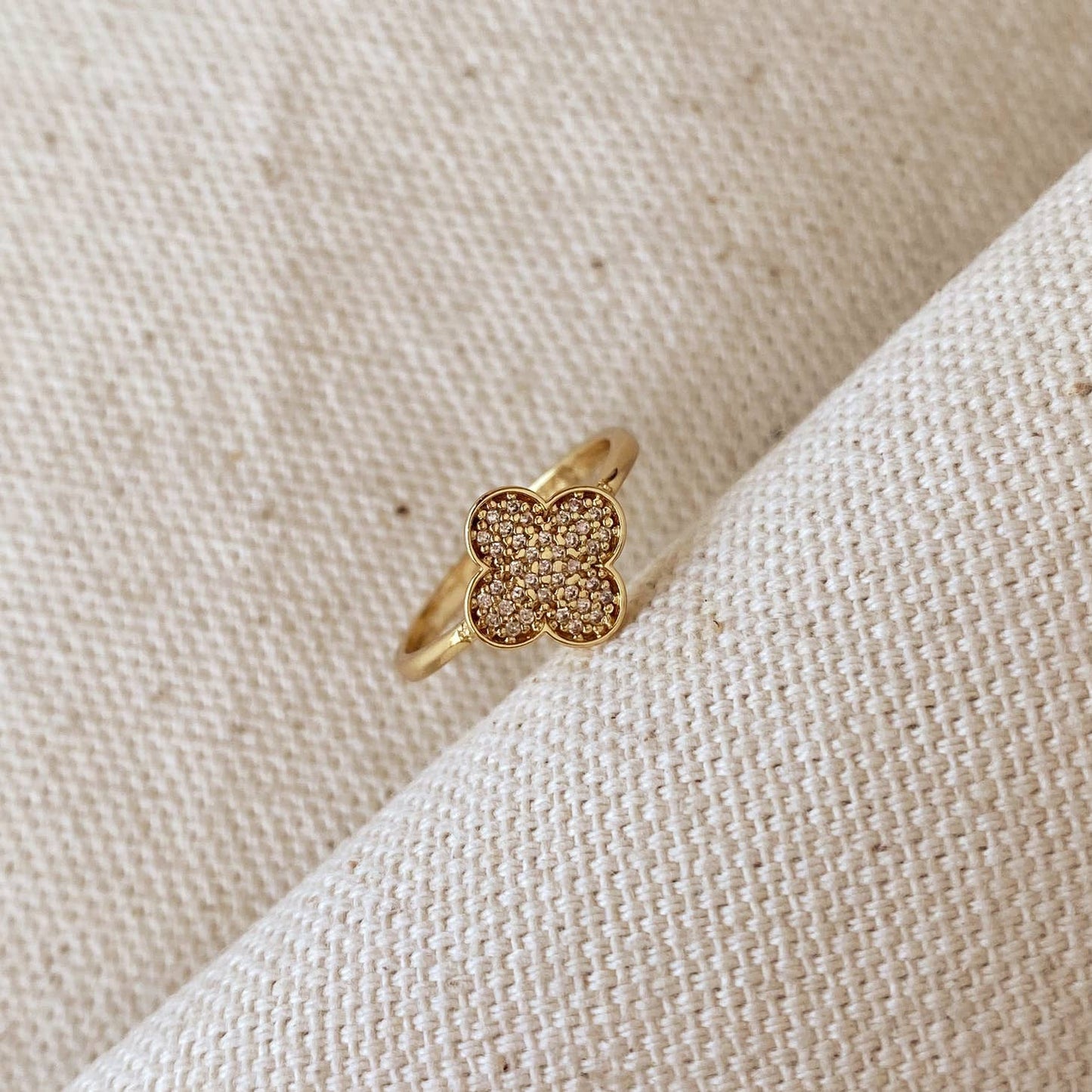 18k Gold Filled Clover Ring with Pave Setting Cubic Zirconia Stone