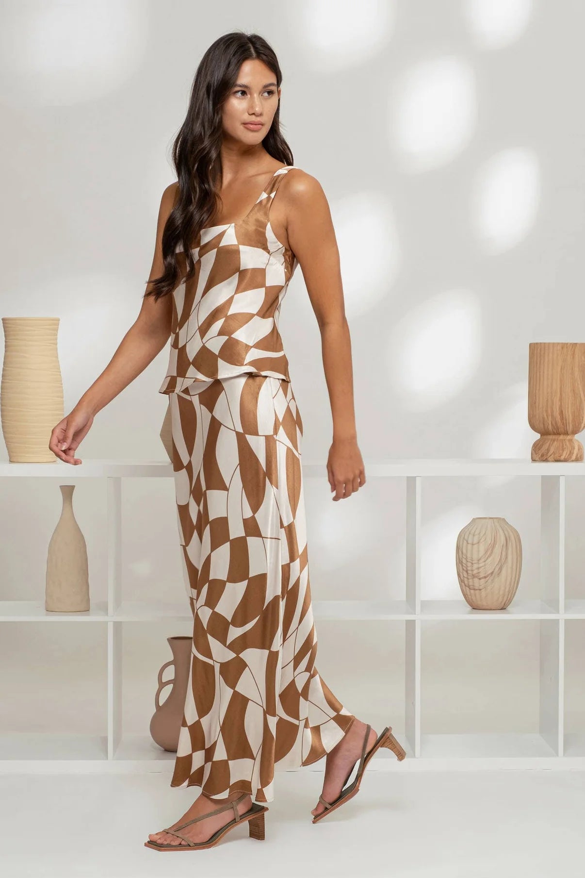 Geo Checkered Print Satin Skirt