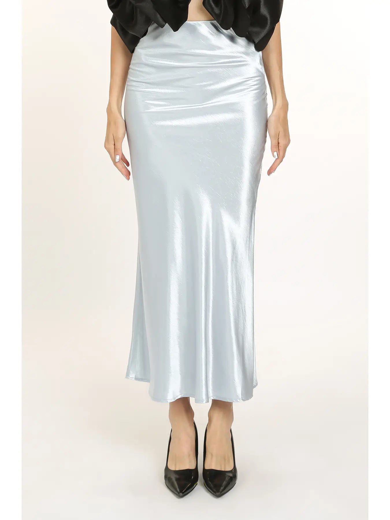 Crinkled Texture High Waist Satin Maxi Skirt