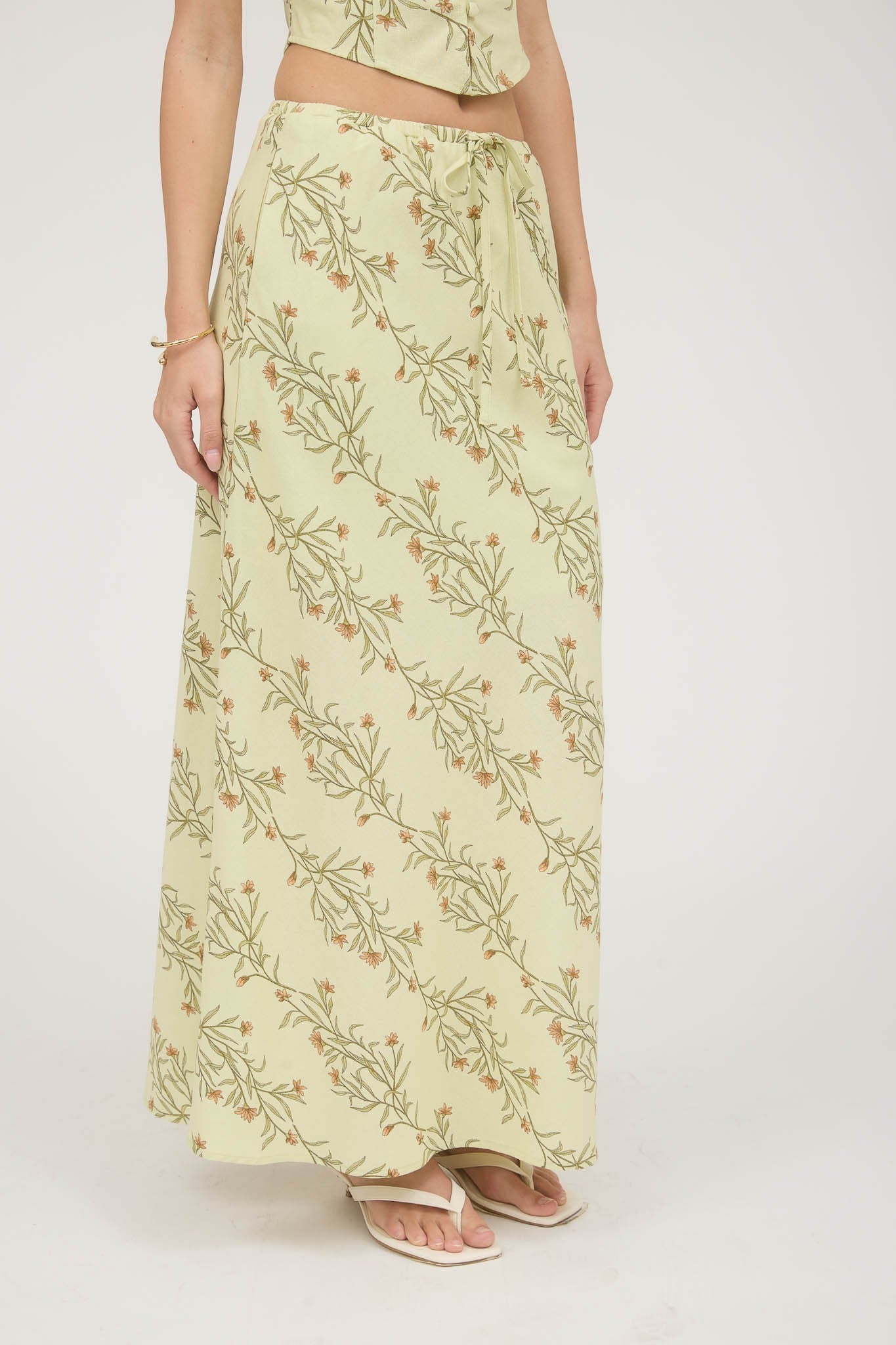 Floral Front Tie Linen Midi Skirt