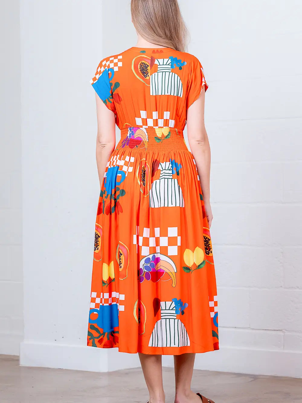 V-Neck Back Smocking Button Down Dress
