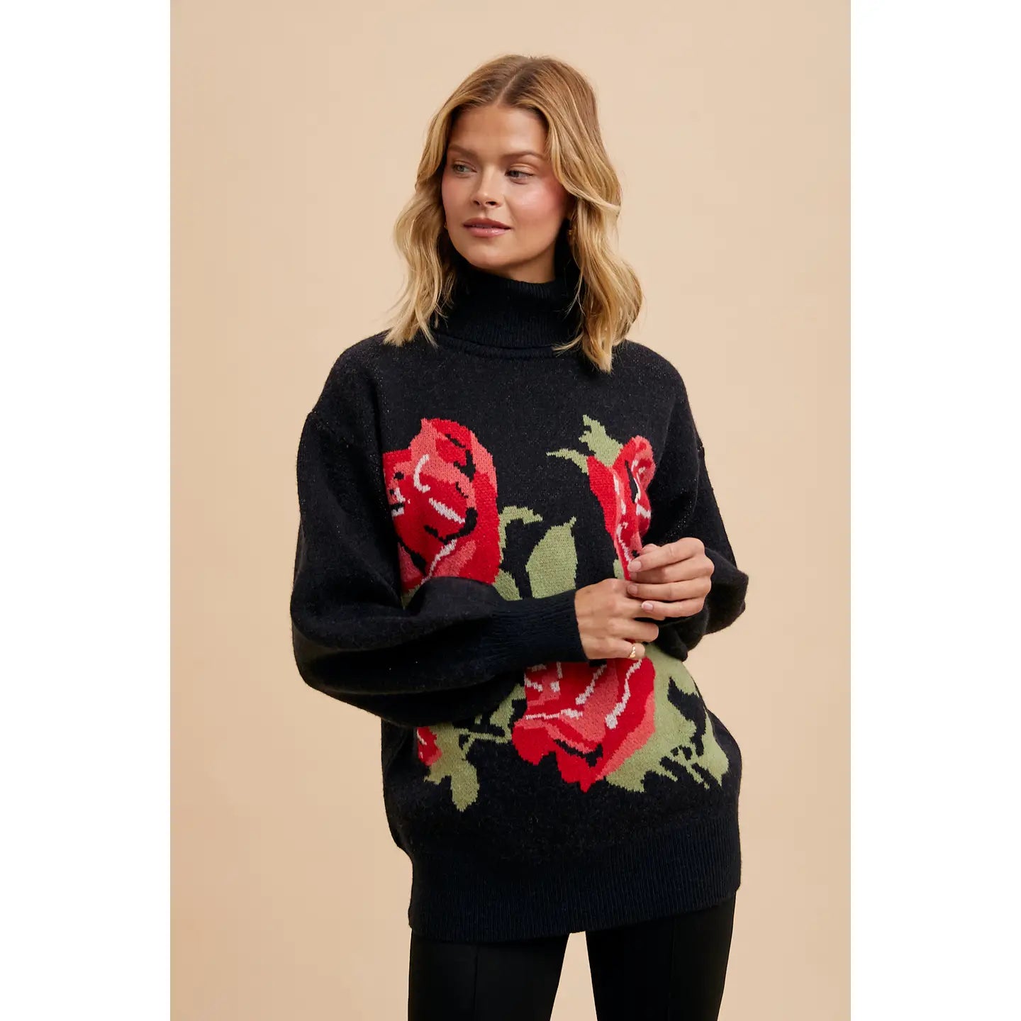 Turtleneck Floral Jacquard Sweater
