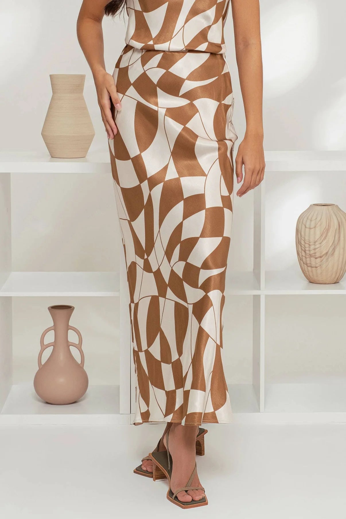 Geo Checkered Print Satin Skirt