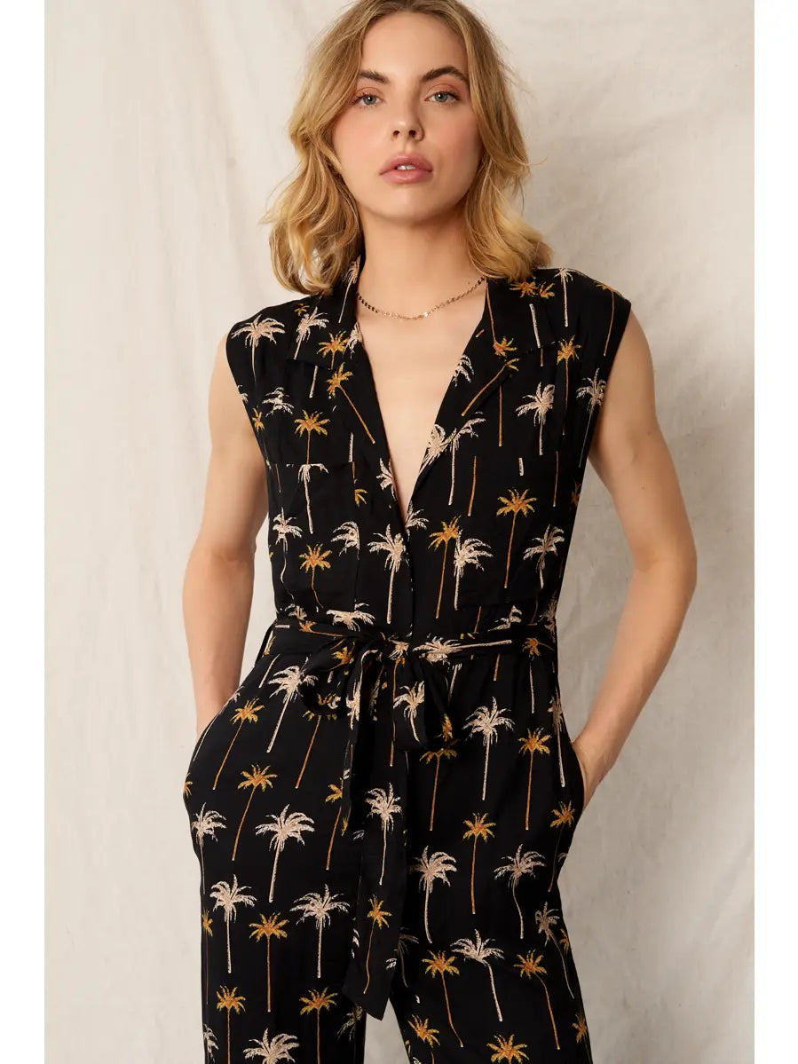 Palm Tree Print Cap Sleeve Belted Jumpsuit