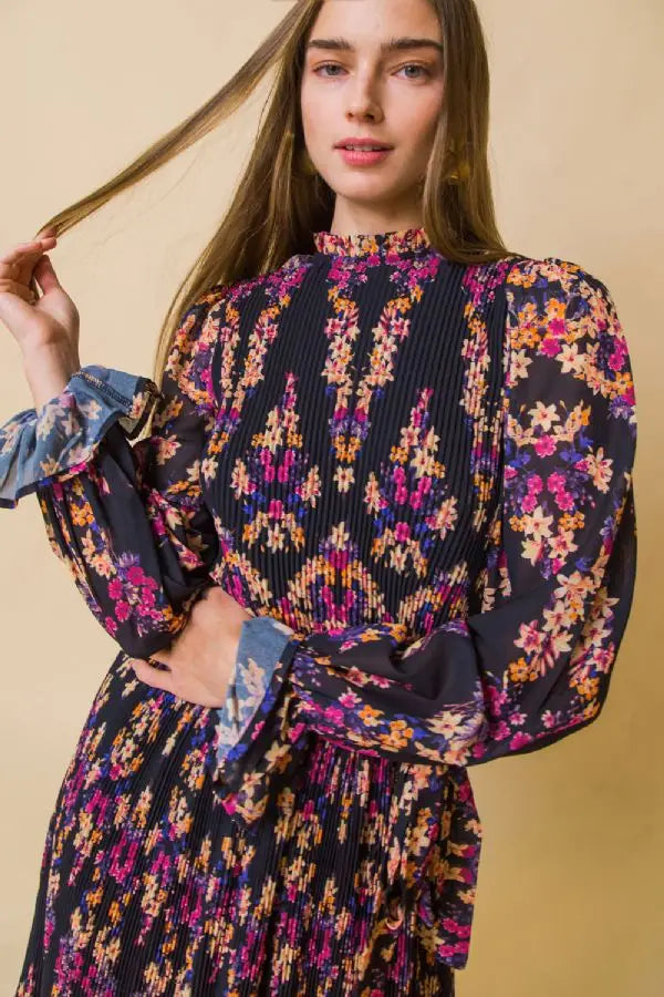 Printed Woven Full Pleated Midi Dress