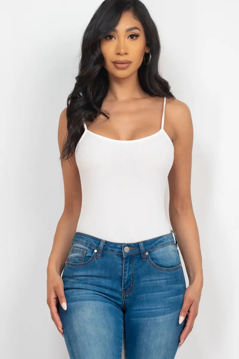 Solid Casual Ribbed Cami Bodysuit