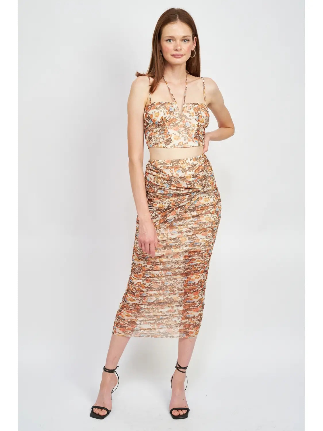 Floral Ruched Midi Skirt