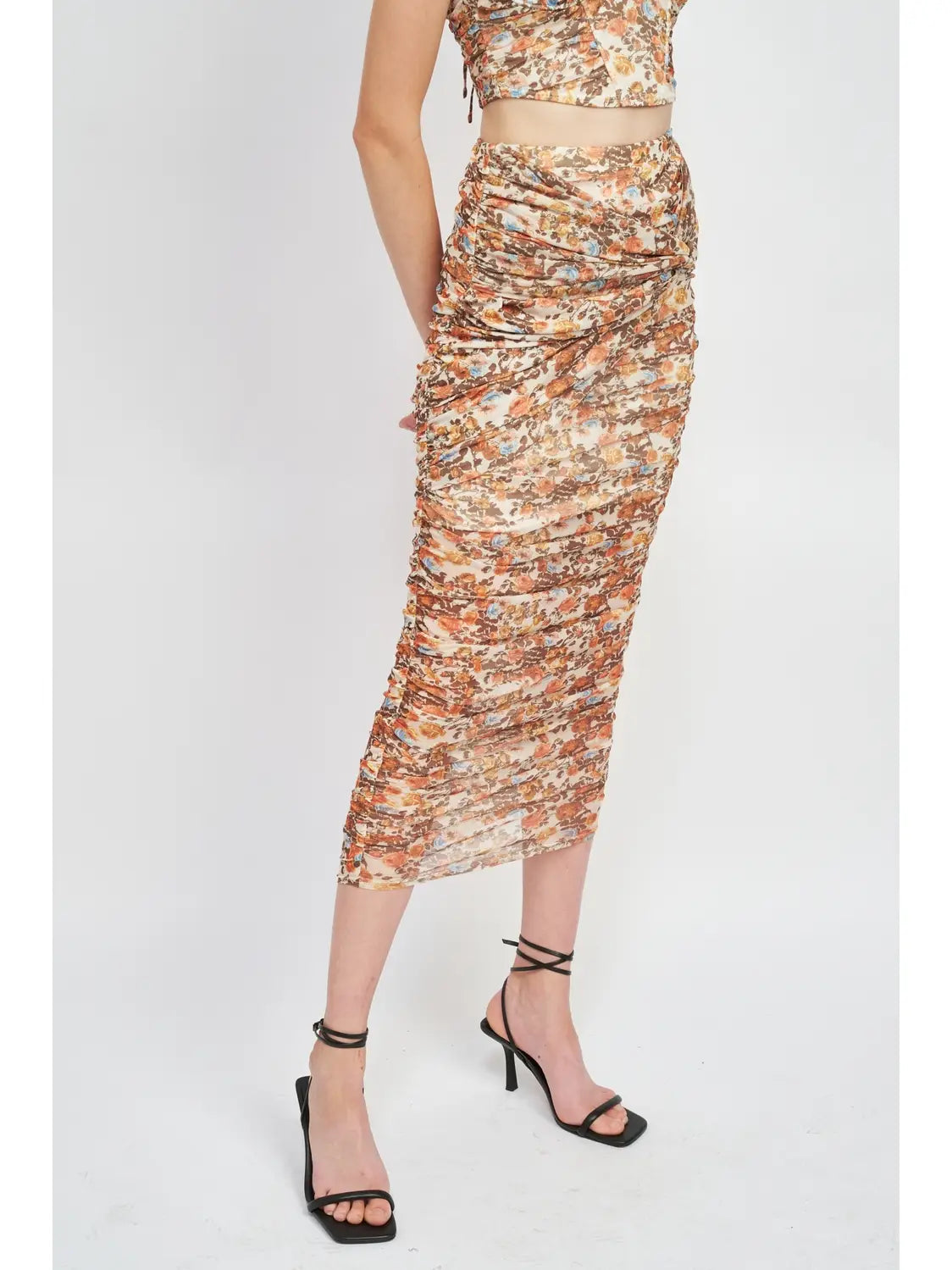 Floral Ruched Midi Skirt