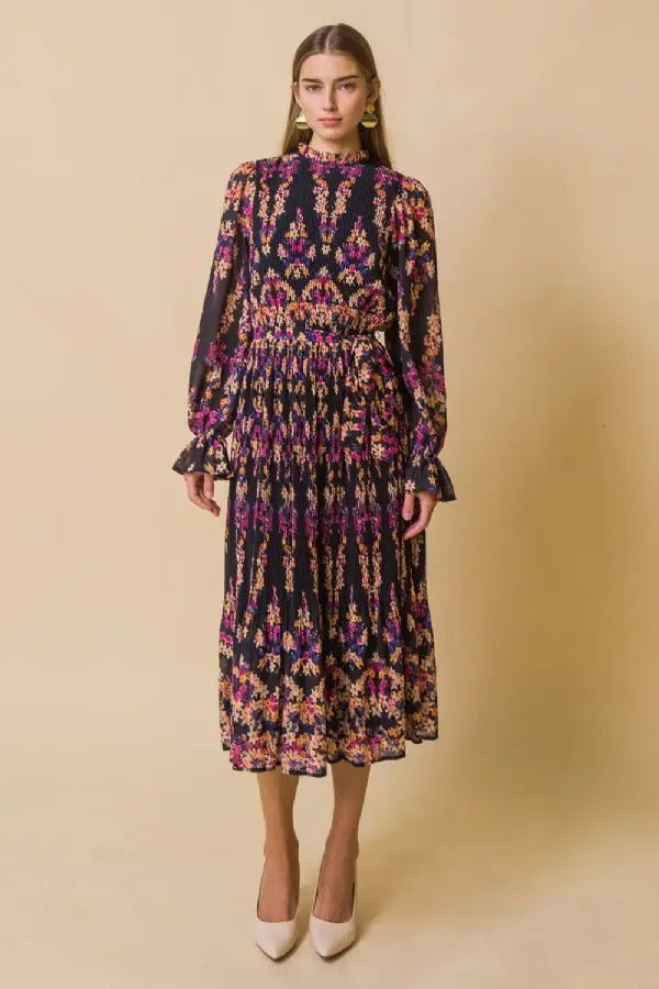 Printed Woven Full Pleated Midi Dress