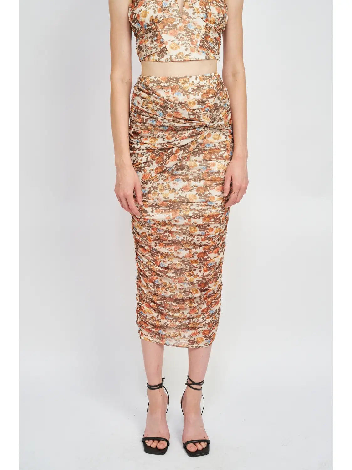 Floral Ruched Midi Skirt