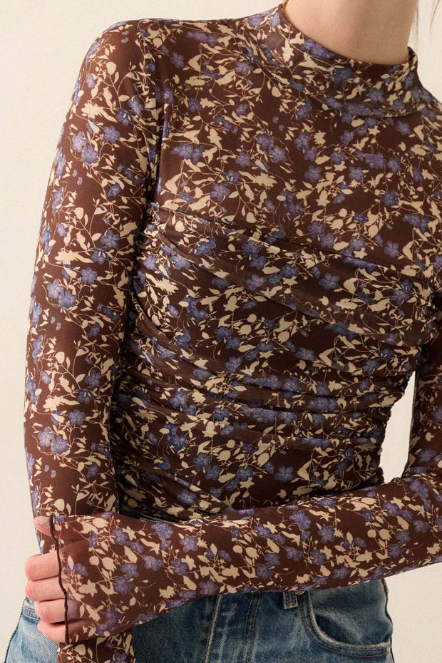Floral Semi-Sheer Mesh Long Sleeve Knit Top
