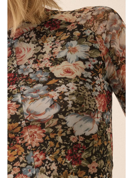 Floral Mesh Long-Sleeve Mock Neck Top