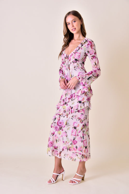 Ruffles Seam V Neckline Mesh Maxi Dress