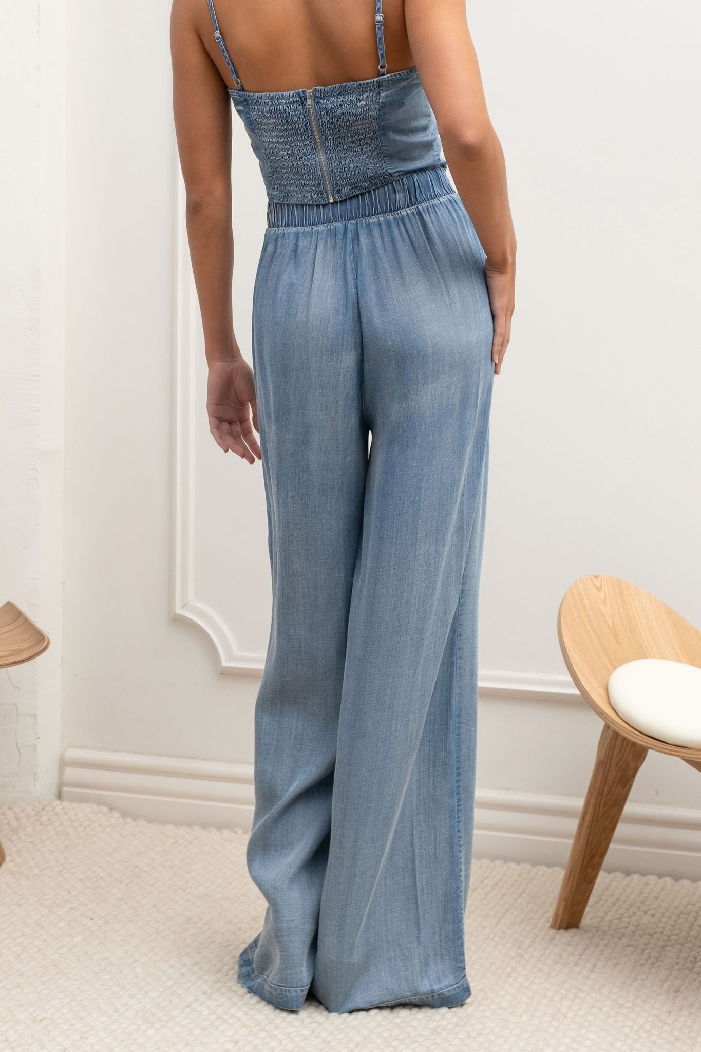 Washed Pleated High Waist Chambray Pants