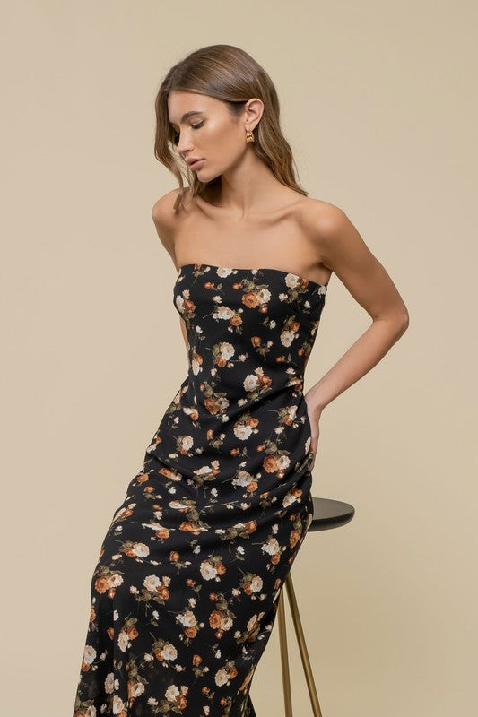 Floral Strapless Satin Midi Dress