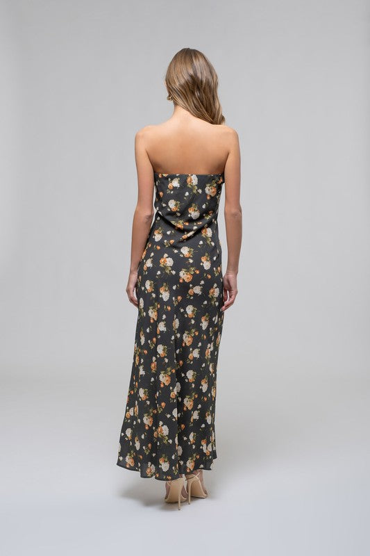 Floral Strapless Satin Midi Dress
