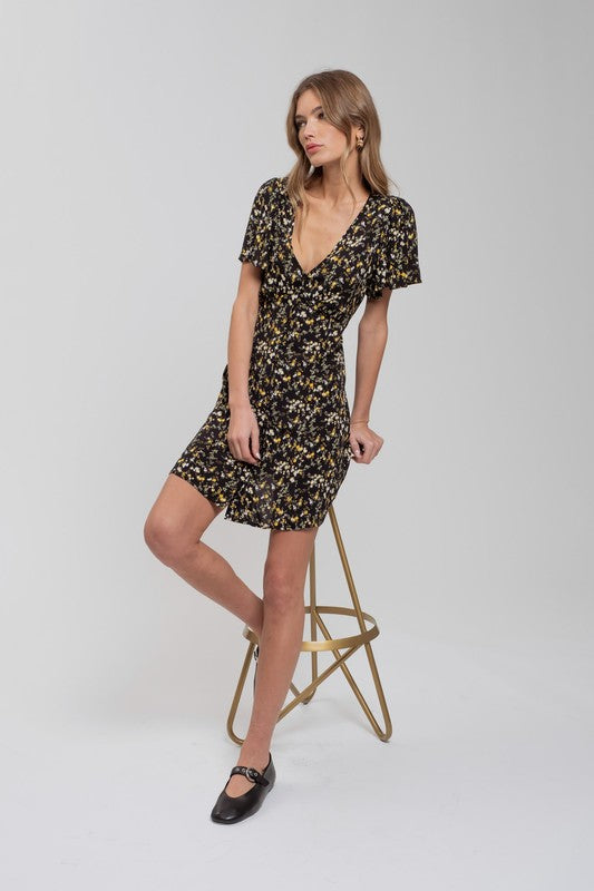 Floral V Neck Button Down Back Tie Mini Dress