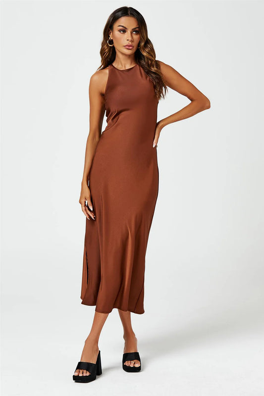 Slim-Fit Satin Midi Dress In Brown