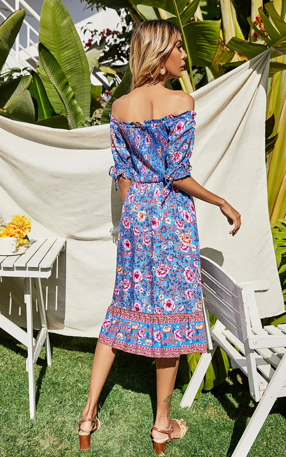 Pink Floral Print Boho Bardot Midi Dress In Blue