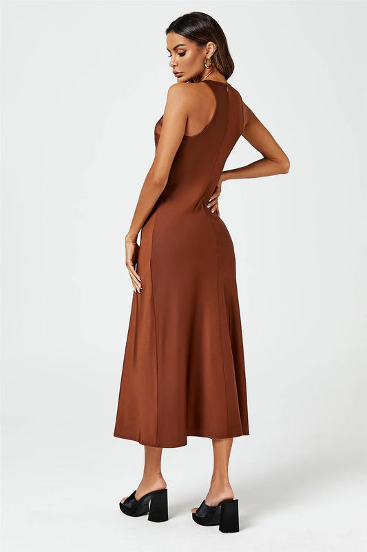 Slim-Fit Satin Midi Dress In Brown