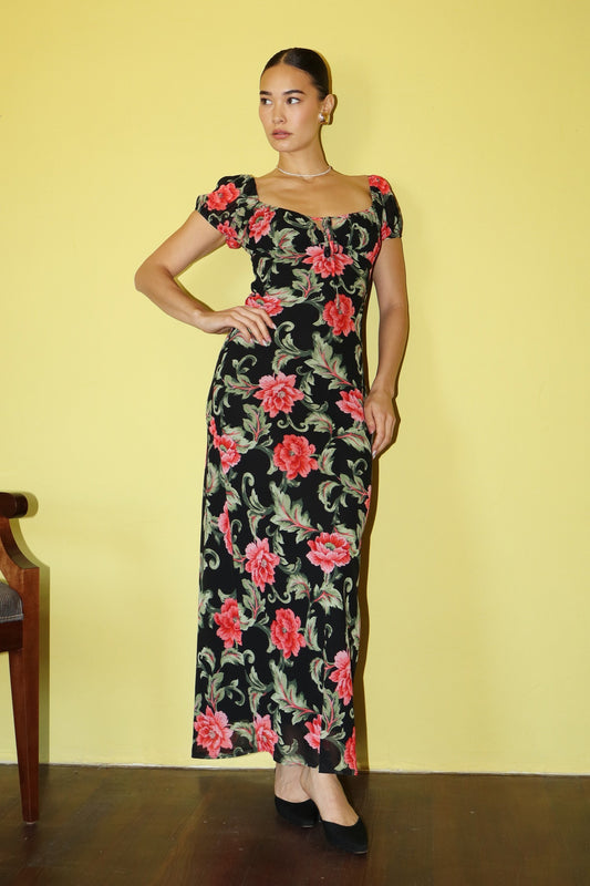 FLORAL PRINTED WOVEN BIAS CUT LONG DRESS