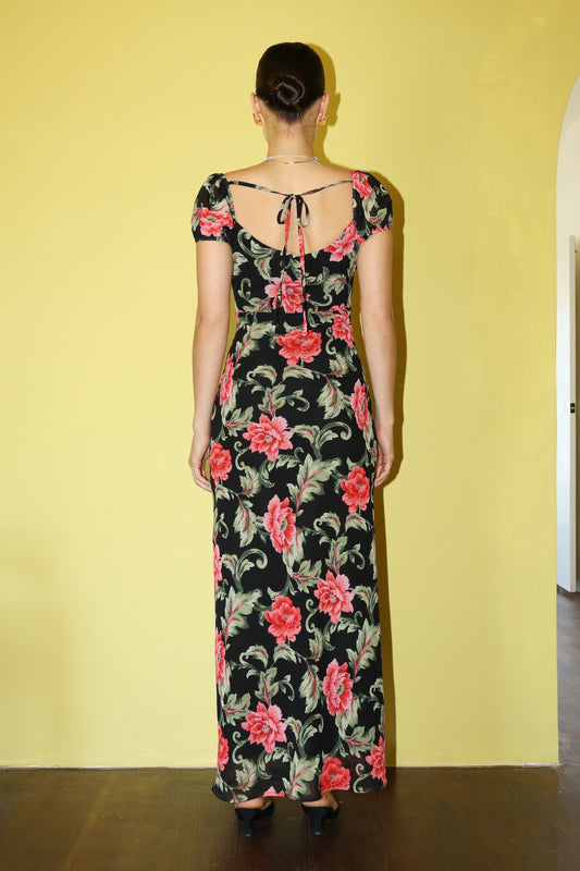 FLORAL PRINTED WOVEN BIAS CUT LONG DRESS
