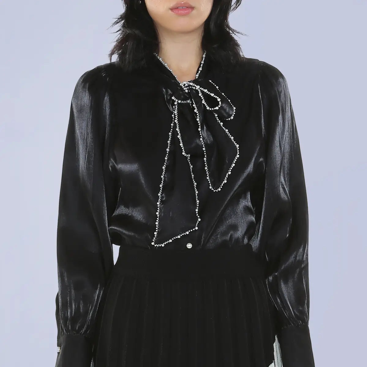 Glossy Bow Tie Blouse with Pearl Trim