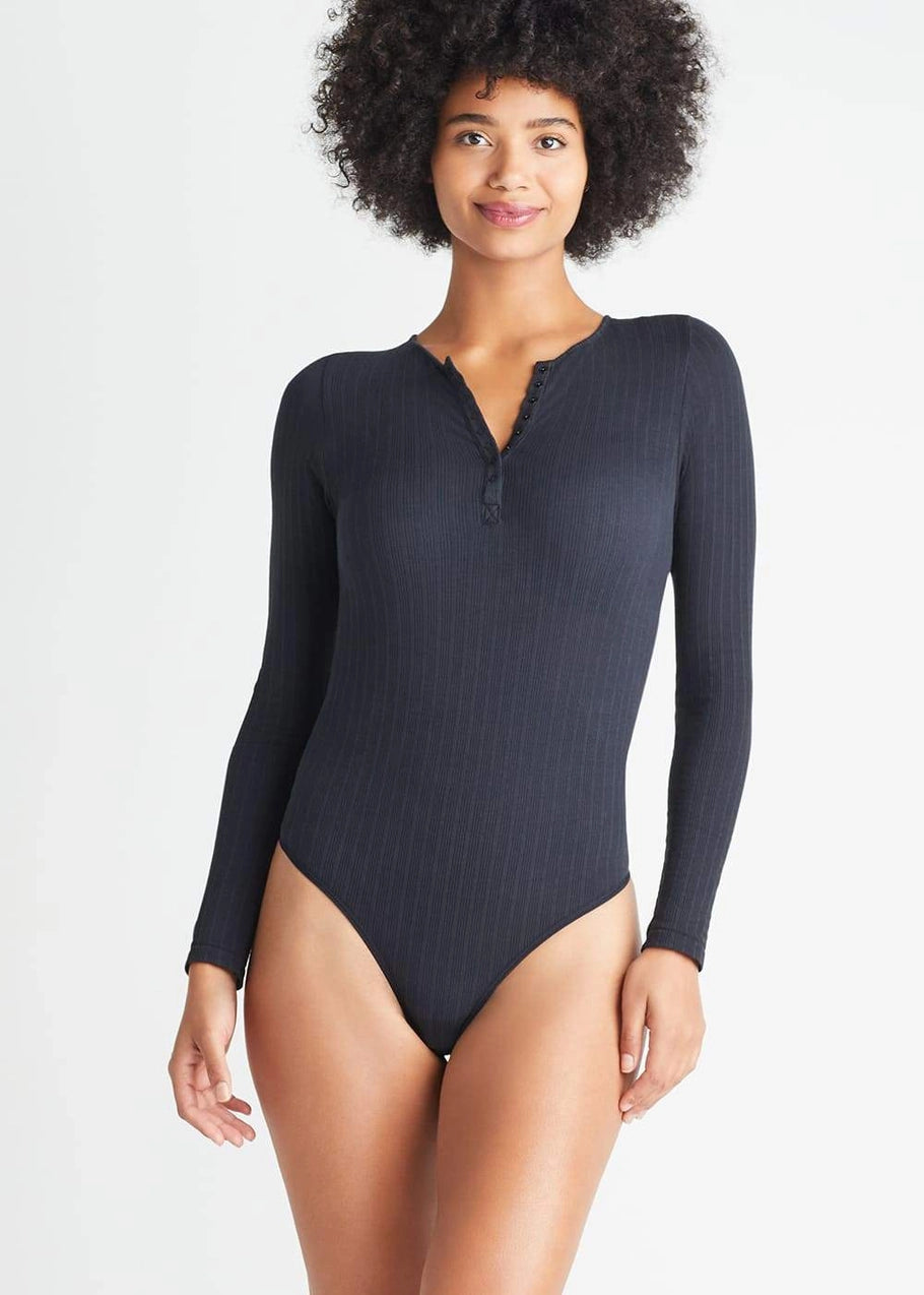 Katrina Henley Long Sleeve Thong Bodysuit - Cotton Rib