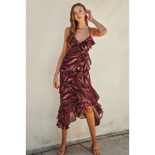 Lights Out Diagonal Ruffled Midi Dress