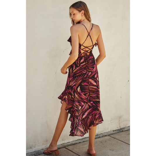 Lights Out Diagonal Ruffled Midi Dress