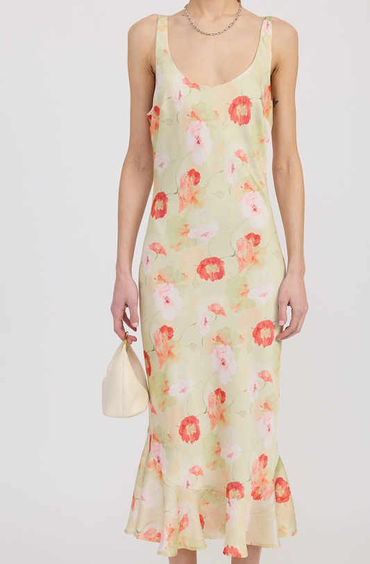Printed Satin Midi Dress with Scoop Neck