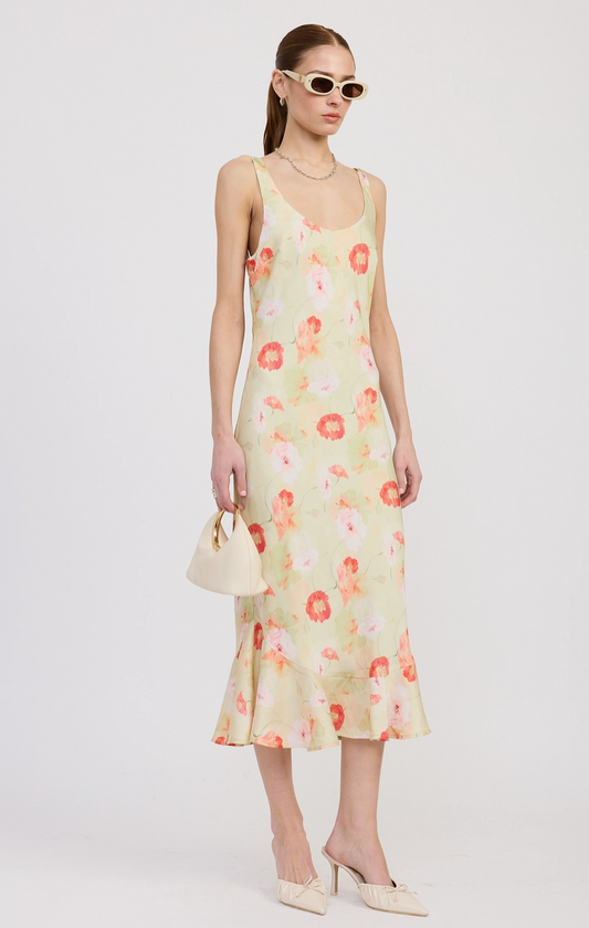 Printed Satin Midi Dress with Scoop Neck