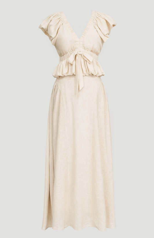 Bubble Sleeve V-Neck Front Tie Linen Crop Top