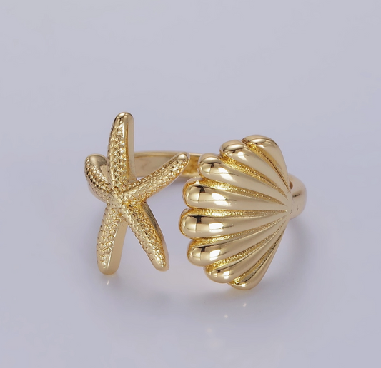 The Ariel Gold Clam Shell Star Fish Beach Adjustable Ring
