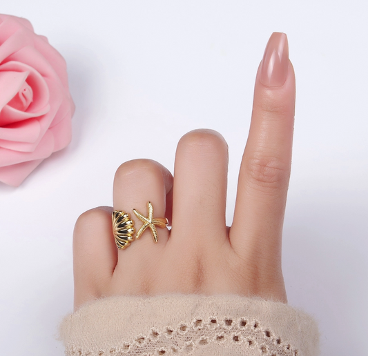 The Ariel Gold Clam Shell Star Fish Beach Adjustable Ring
