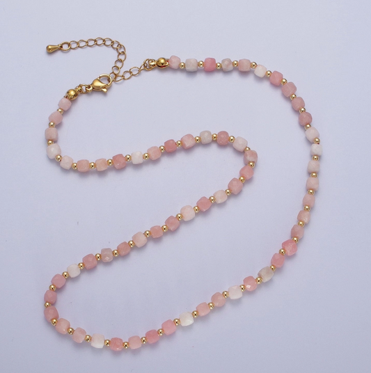 16 Inch Natural Pink Opal Multifaceted Cube Gemstone W. Gold Bead Choker Necklace