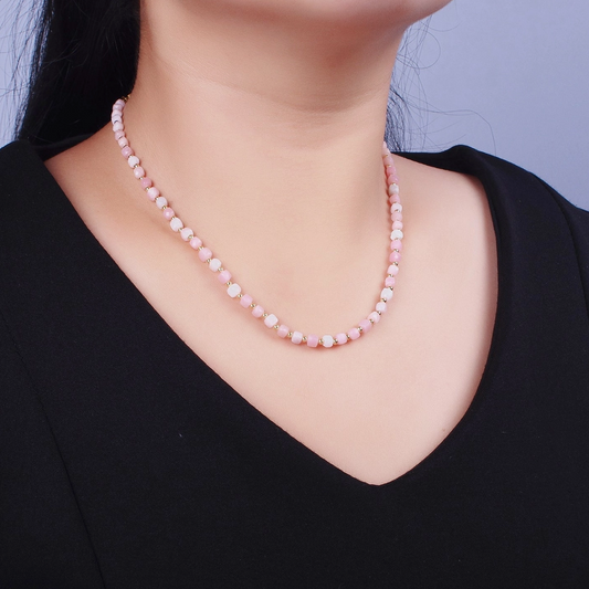 16 Inch Natural Pink Opal Multifaceted Cube Gemstone W. Gold Bead Choker Necklace